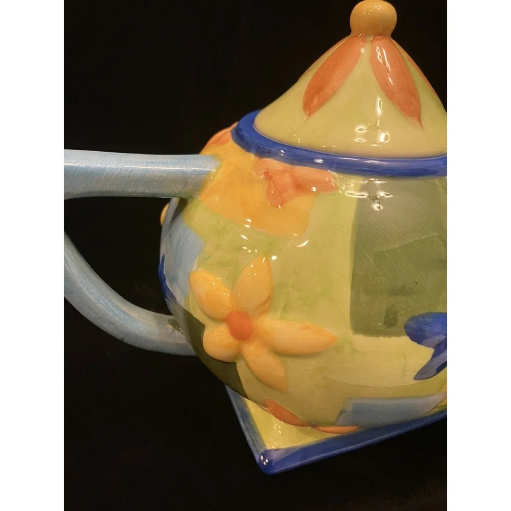 VTG Oneida China Hand Painted Country Style Blue Yellow Orange Floral Teapot
